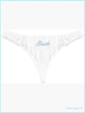Sheer Mesh Bride Thong Lingerie Embroidered Blue Cursive Wedding Gift